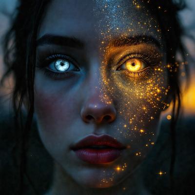 The primary subject of the image is a woman with blue eyes and a glowing face. She is the main focus of the image. The setting is a dark room, and the visual style is a digital art or illustration. The colors and mood of the image are dramatic and mysterious, with the woman's eyes and face being the main source of light and interest.